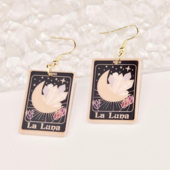 “La Luna” Crystal Growth Crescent Moon Starry Night Sky Roses Tarot Card Earring - Picture 3 of 4